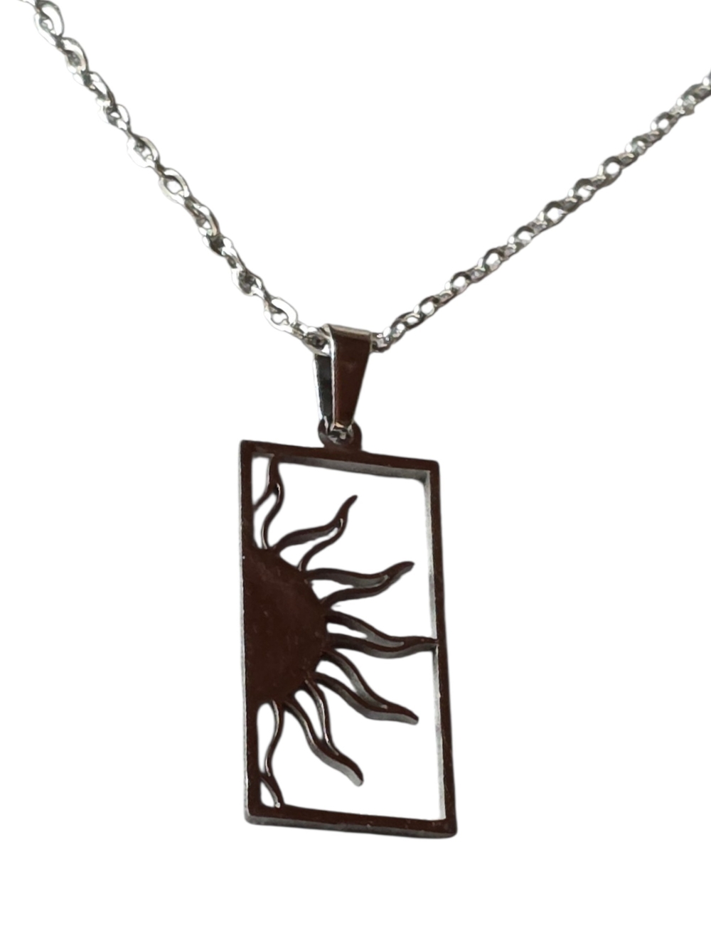 New Stainless Steel Sunburst Rectangle Pendant Necklace